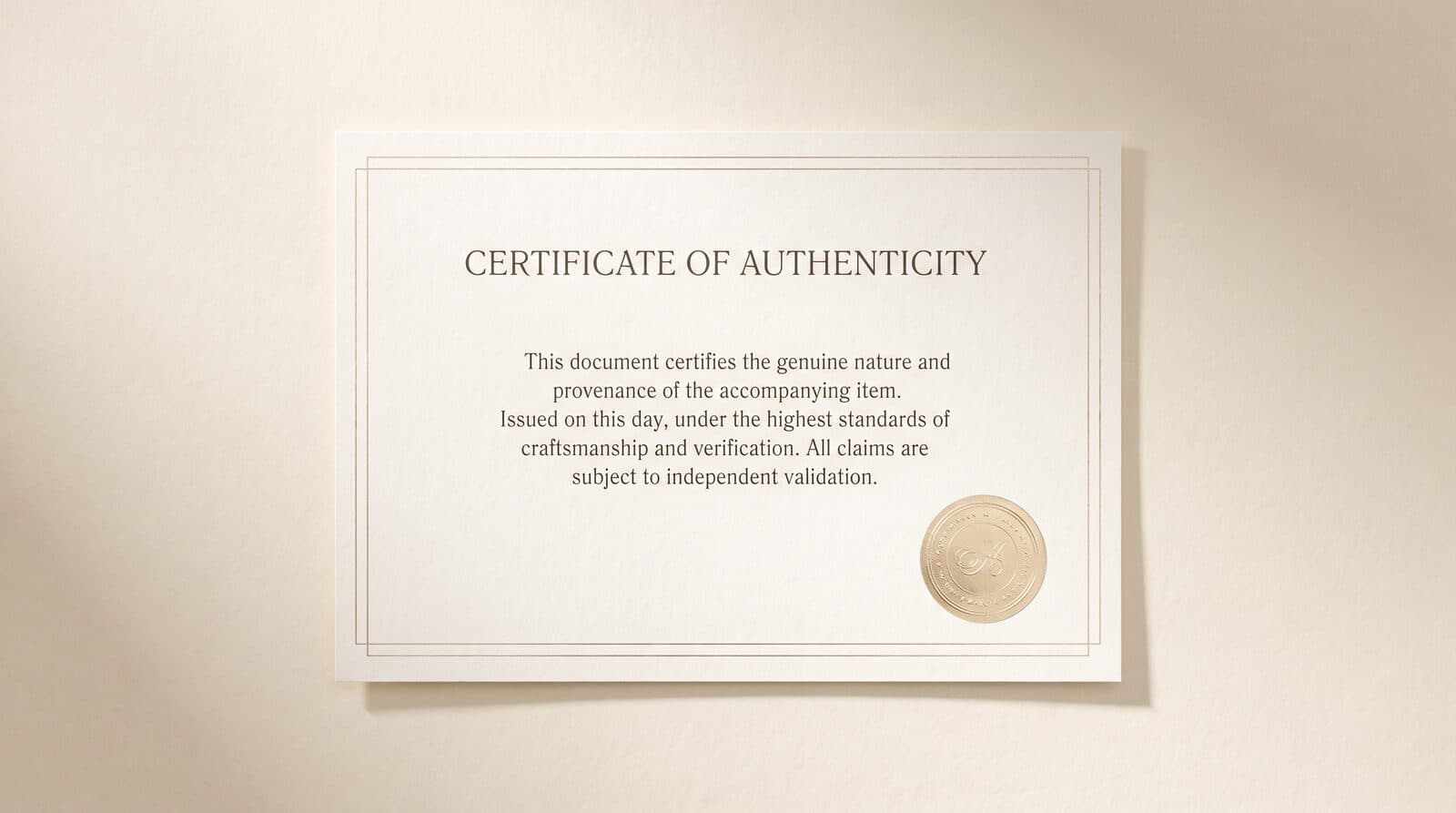 A certificate of authenticity laid beside the piece it belongs to