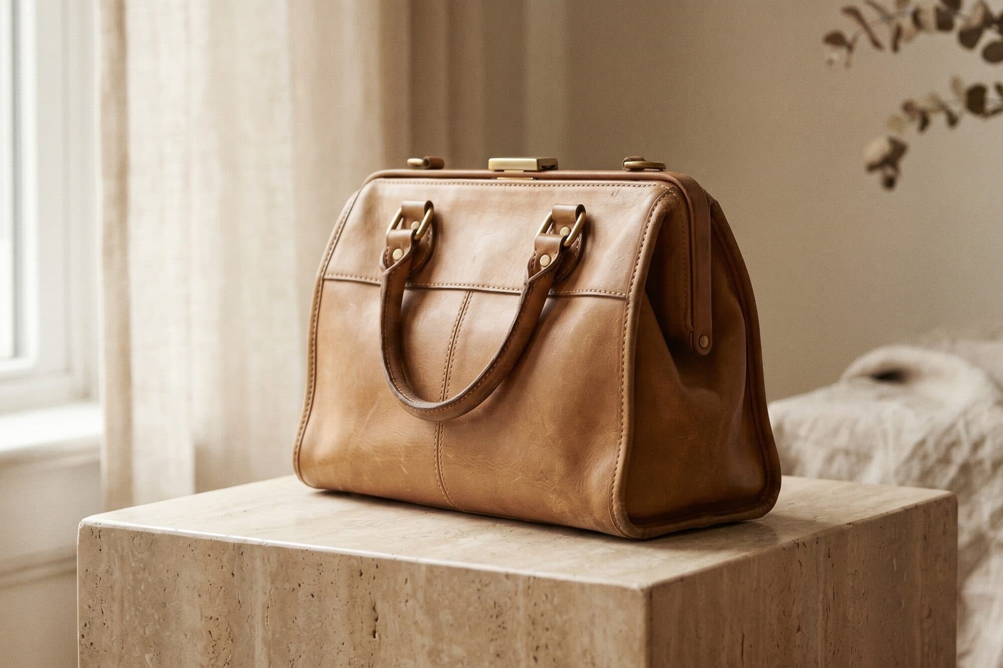 A tan leather handbag on a travertine plinth in soft window light